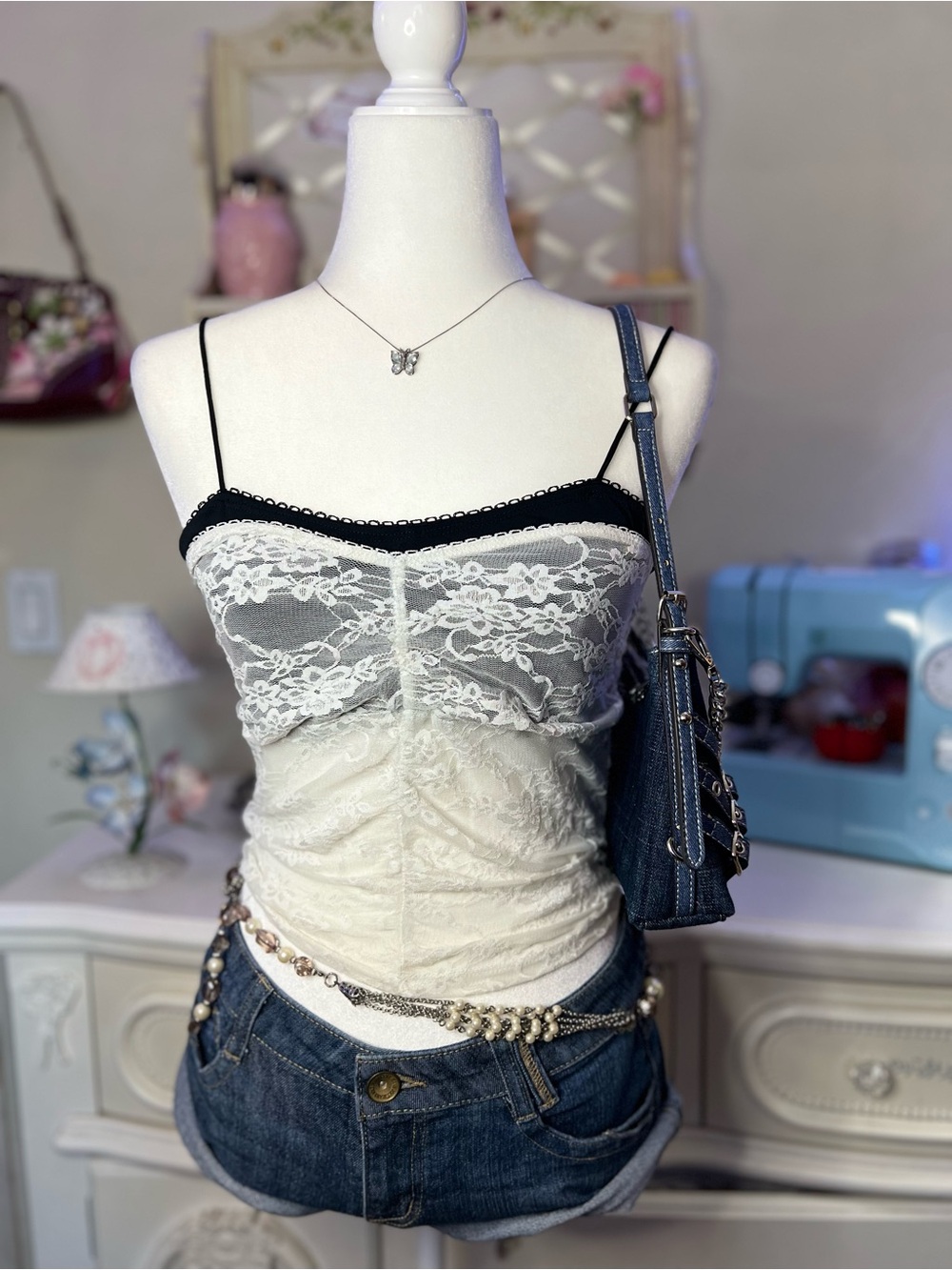 Lace-Trim Spaghetti Strap Cami – White with Black Trim